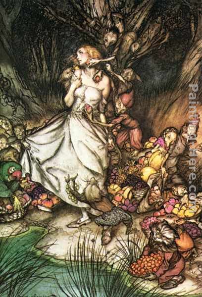 Arthur Rackham Goblin Market White And Golden Lizzie Stood Painting Anysize 50 Off Goblin Market White And Golden Lizzie Stood Painting For Sale