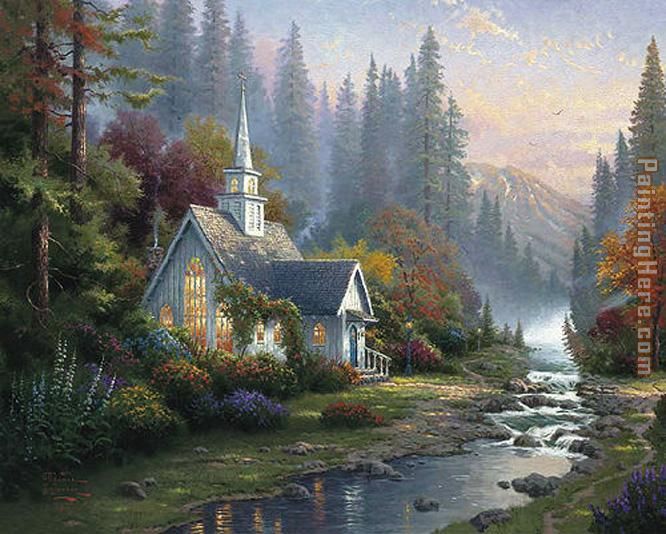 Thomas Kinkade Forest Chapel painting anysize 50% off - Forest Chapel ...