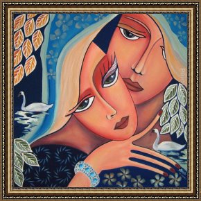 Leda And The Swan Framed Paintings - 2 faces, 2 swans, 2 in love by 2011