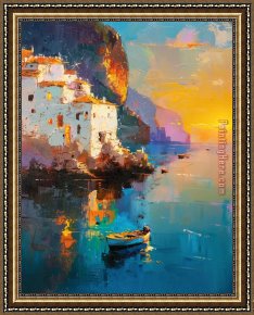 Seascape on a Cliff with Boat And Sunset Framed Paintings - Seascape on a Cliff with Boat And Sunset by 2011