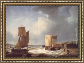 Welsh Coast Framed Paintings - Fisherfolk and Ships by the Coast by Abraham Hulk Snr