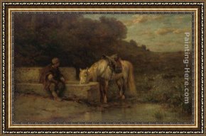 Rest Framed Paintings - A Rest by the Fountain by Adolf Schreyer