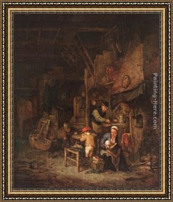 A Peasant Family Gathered Around The Kitchen Table Framed Paintings - Interior with a Peasant Family by Adriaen van Ostade