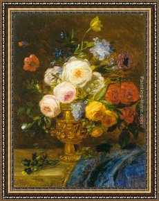 Golden Harvest Framed Paintings - Still Life with Flowers in a Golden Vase by Adriana-Johanna Haanen