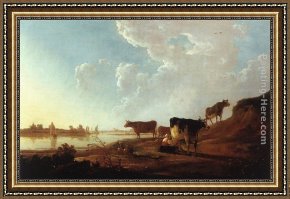 Tahitian Woman Near a River Framed Paintings - River Scene with Milking Woman by Aelbert Cuyp