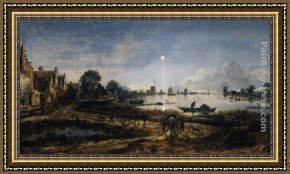 Bartholomeus Van Der Helst Framed Paintings - River View by Moonlight by Aert van der Neer