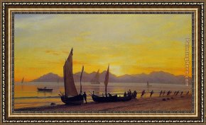 Seascape on a Cliff with Boat And Sunset Framed Paintings - Boats Ashore at Sunset by Albert Bierstadt
