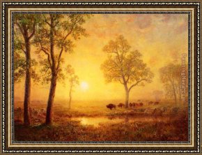 In The Mountains Framed Paintings - Sunset on the Mountain by Albert Bierstadt