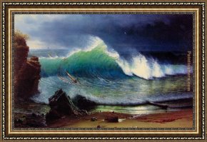 Puffins Over Sea Framed Paintings - The Shore of the Turquoise Sea by Albert Bierstadt