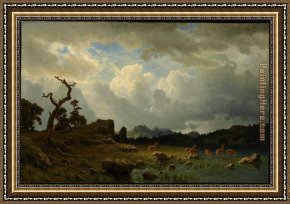 Rocky Coast And Gulls Framed Paintings - Thunderstorm In The Rocky Mountains by Albert Bierstadt