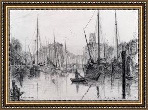 Albert Goodwin Framed Paintings - Moored Boats In Rotterdam by Albert Goodwin