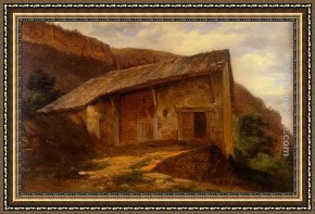 Alexandre Framed Paintings - A Farm House On The Side Of A Mountain by Alexandre Calame