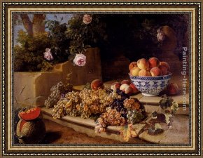 Alexandre Framed Paintings - Still Life Of Grapes, Peaches In A Blue And White Porcelain Bowl And A Melon, Resting On A Stone Stairway by Alexandre-Francois Desportes