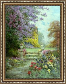 Lilac Framed Paintings - Lilacs & Roses by Alfred de Breanski