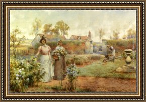 Bed of Chrysanthemums Framed Paintings - A Lady And Her Maid Picking Chrysanthemums by Alfred Glendening