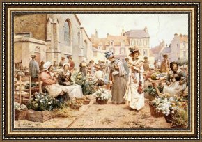 Town Square Framed Paintings - Flower Market in a French Town by Alfred Glendening