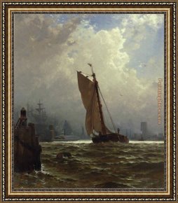 Thompson Framed Paintings - New York Harbor with the Brooklyn Bridge Under Construction by Alfred Thompson Bricher