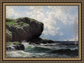 Thompson Framed Paintings - Rocky Head with Sailboats in Distance by Alfred Thompson Bricher