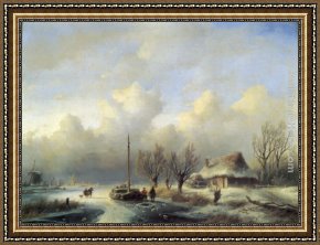 Landscape with Figure Framed Paintings - Figures in a winter landscape by Andreas Schelfhout