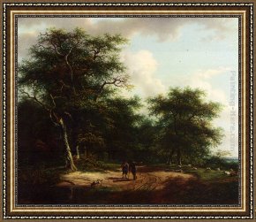 Landscape with Figure Framed Paintings - Two Figures In A Summer Landscape by Andreas Schelfhout