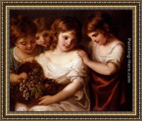 Four Children with a Basket of Fruit Framed Paintings - Four Children With A Basket Of Fruit by Angelica Kauffmann