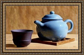 The Vision of St Anthony Framed Paintings - Blue Teapot by Anthony J. Ryder