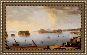 Port, Framed Paintings - View Of The Bay Of Pozzuoli With The Port Of Baia, The Islands Of Nisida, Procida, Ischia And Capri by Antonio Joli