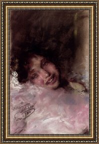 Young Girl Defending Herself Against Cupid Framed Paintings - A Young Girl Laughing by Antonio Mancini