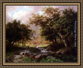 Landscape with Figure Framed Paintings - A Wooded Landscape With Figures Along A Stream by Barend Cornelis Koekkoek