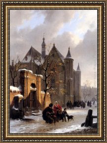 Bartholomeus Van Der Helst Framed Paintings - A Capricio View With Figures Leaving A Church In Winter by Bartholomeus Johannes Van Hove