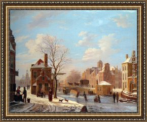Bartholomeus Van Der Helst Framed Paintings - A Dutch Town Scene in Winter by Bartholomeus Johannes Van Hove
