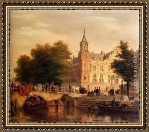 Bartholomeus Framed Paintings - A Sunlit Townview With Figures Gathered On A Square Along A Canal by Bartholomeus Johannes Van Hove