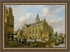 Bartholomeus Framed Paintings - A Town Scene on a Canal by Bartholomeus Johannes Van Hove