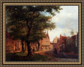 Bartholomeus Framed Paintings - A Village Square With Villagers Conversing Under Trees by Bartholomeus Johannes Van Hove
