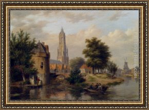 Bartholomeus Framed Paintings - View Of A Riverside Dutch Town by Bartholomeus Johannes Van Hove
