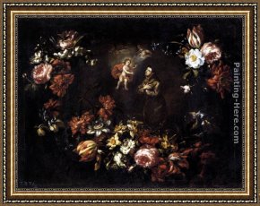 The Vision of St Anthony Framed Paintings - Garland of Flowers with St Anthony of Padua by Bartolome Perez