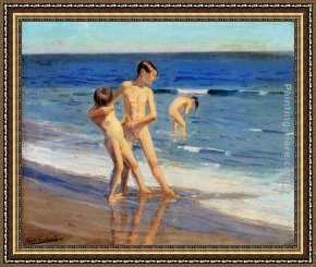Beach Skyline Framed Paintings - Boys At The Beach by Benito Rebolledo Correa