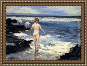 Beach Skyline Framed Paintings - Children Playing At The Beach by Benito Rebolledo Correa