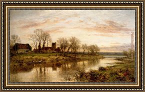 Mill on The Thames, Mapledurham Framed Paintings - Evening On The Thames At Wargrave by Benjamin Williams Leader
