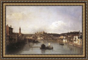 View of The Ponte Vecchio, Florence Framed Paintings - View of Verona and the River Adige from the Ponte Nuovo by Bernardo Bellotto