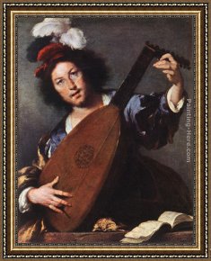 Card Player Framed Paintings - Lute Player by Bernardo Strozzi