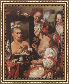 Old Woman at The Mirror Framed Paintings - Old Woman at the Mirror by Bernardo Strozzi