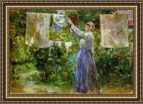 St Augustine Washing The Feet of Christ Framed Paintings - Peasant Hanging out the Washing by Berthe Morisot