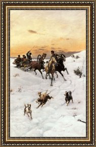 Landscape with Figure Framed Paintings - Figures in a Horse drawn Sleigh in a Winter Landscape by Bodhan Von Kleczynski