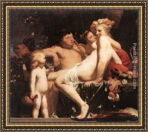 Nymph And Triton Framed Paintings - Bacchus with Two Nymphs and Cupid by Caesar van Everdingen
