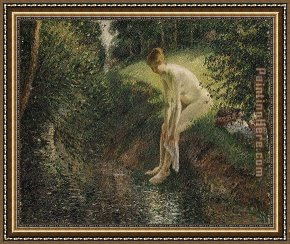 Bathers Framed Paintings - Bather in the Woods by Camille Pissarro