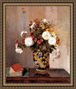 Bed of Chrysanthemums Framed Paintings - Chrysanthemums In A Chinese Vase by Camille Pissarro