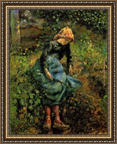 A Peasant Family Gathered Around The Kitchen Table Framed Paintings - Young Peasant Girl with a Stick by Camille Pissarro
