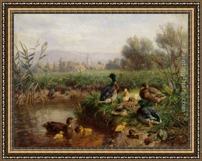 Quiet Pond Framed Paintings - Ducks by a Pond by Carl Jutz