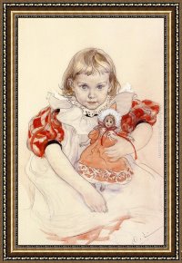 Young Girl Defending Herself Against Cupid Framed Paintings - A Young Girl with a Doll by Carl Larsson